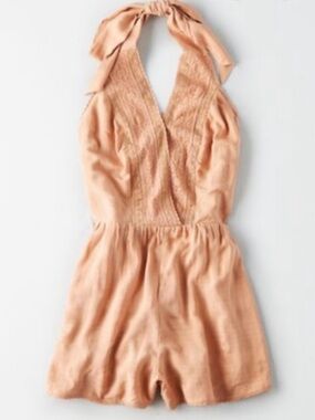 American Eagle Outfitters Lace Trim Smocked Halter Shorts Romper Festival Boho